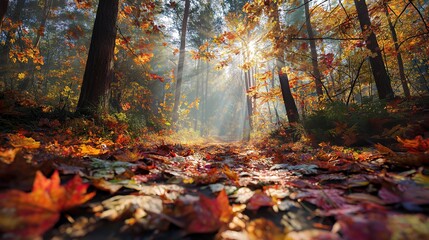 Sunlit forest path through autumn leaves, vibrant maple and oak canopy with god rays, peaceful woodland photography, seasonal nature walk, warm golden hour landscape


