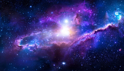Fototapeta premium In Vast Expanse Of Deep Space Celestial Bodies And Galaxies Emerge As God Crafts Universe Bathing Void In Ethereal Light And Vibrant Colors Of Blue And Purple