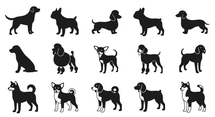 Collection of diverse dog breed silhouettes in various poses isolated on white background