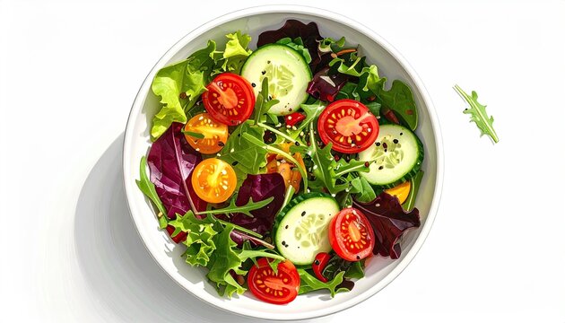 Fresh Salad with Cherry Tomatoes Cucumbers and Mixed Greens in a White Bowl on a White Background Healthy Eating and Vibrant Colors