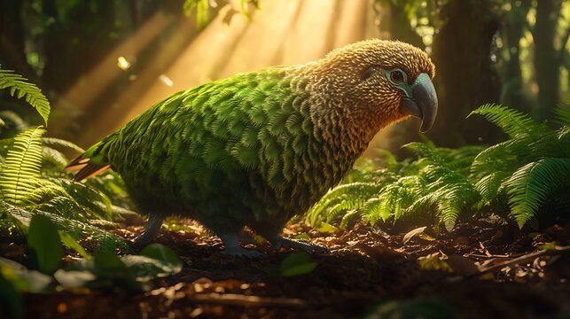 A colorful green parrot with a red beak sits on a branch, showcasing its beautiful feathers in the wild - Powered by Adobe