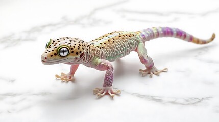 Naklejka premium Small spotted leopard gecko on a stone wall