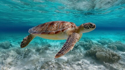 Obraz premium Graceful Sea Turtle Gliding Through Tropical Blue Ocean Above Reef