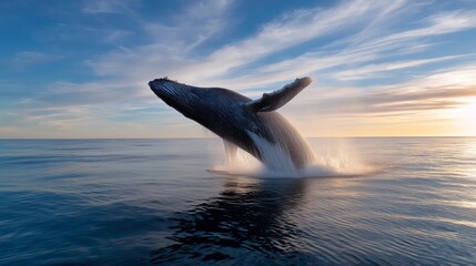 Fototapeta premium Majestic Humpback Whale Breaching Out of Ocean at Sunset