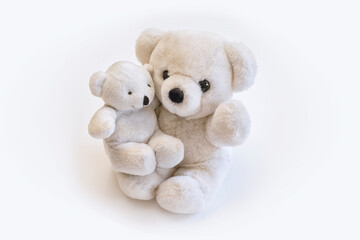 Parent and child teddy bears hugging each other, isolated on a white background. Copy space.