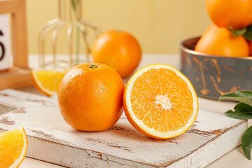 Fresh Oranges Bursting with Juice on Wooden Board Kitchen Scene Healthy Citrus Fruit