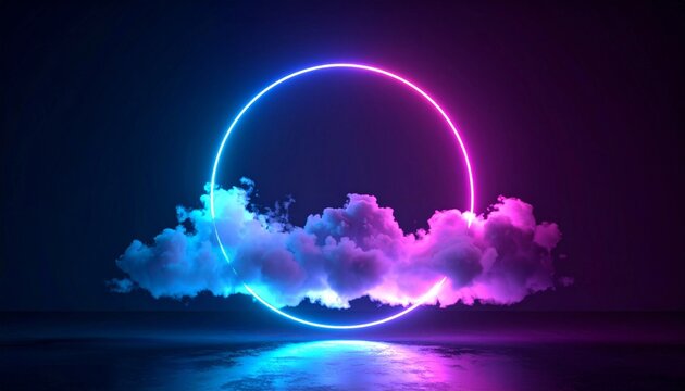 Abstract Synthwave 3D Render of Glowing Blue and Pink Ring with Smoke and Reflections
