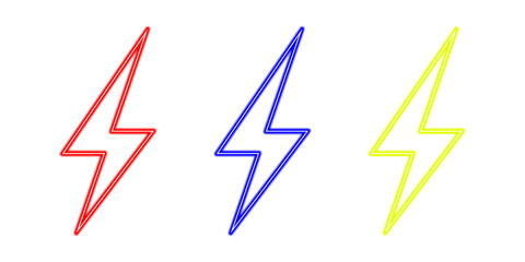 Minimal neon futuristic  lightning bolt icon sets. Vibrant red, blue, yellow neon lights. Isolated on white background art illustration design. Design elements PNG	
