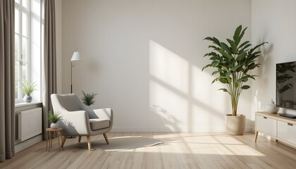 Modern Minimalist Living Room Interior with Natural Light, Wooden Furniture, Indoor Plants, Scandinavian Style Decoration, Cozy Chair and Elegant Home Decor in Bright Apartment