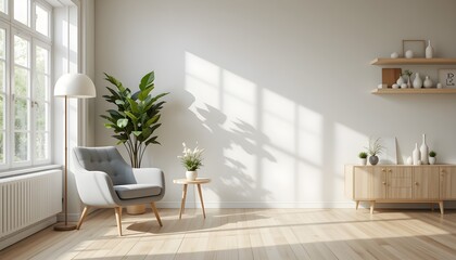 Modern Minimalist Living Room Interior with Natural Light, Wooden Furniture, Indoor Plants, Scandinavian Style Decoration, Cozy Chair and Elegant Home Decor in Bright Apartment
