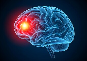 3d rendering of a human brain with a glowing red area of pain