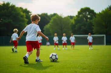 Obraz premium little boy playing football on the field with his friends in the background