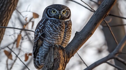 A majestic great horned owl, a nocturnal predator with fierce brown eyes and feathers, perches on a wild branch