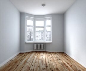 Fototapeta premium Empty room with a bay window, light gray walls, and wooden floors, showcasing a calm and neutral atmosphere.