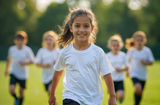 portrait of girl in white t-shirt on football field with friends - Powered by Adobe