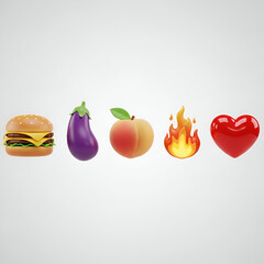 A collection of five 3d rendered emoji icons including a burger, eggplant, peach, fire, and heart isolated on a white background