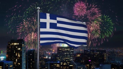 Greek flag with blue and white stripes and cross waving at night above city skyline and fireworks, celebrating national pride and independence. - Powered by Adobe