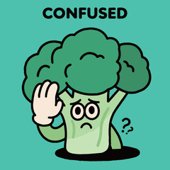 A confused broccoli character cartoon mascot illustration with a puzzled expression on a turquoise background.