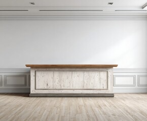 Fototapeta premium A light-filled room displays a vintage-style wooden counter, showcasing intricate architectural details.