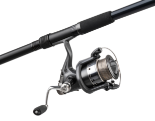 Fishing rod and reel, isolated on a white background, ready for the sport of angling