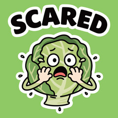 A scared cabbage character cartoon mascot illustration with wide eyes and trembling hands.