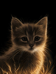A glowing golden line pattern of a cute little cat on a black background staring at you.