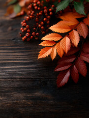 Orange-red leaves lay on a wooden floor with small fruits.