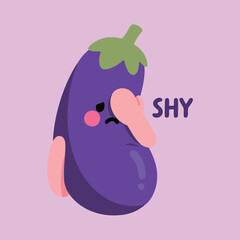 A shy and embarrassed eggplant character cartoon mascot covering its face with its hand.