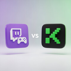 Twitch vs kick streaming platform logos with game controller and pixelated k icon, representing online gaming competition