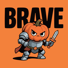 A brave pumpkin character cartoon mascot dressed as a knight holding a sword on an orange background.