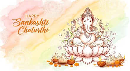 Lord ganesha seated on lotus with happy sankashti chaturthi text