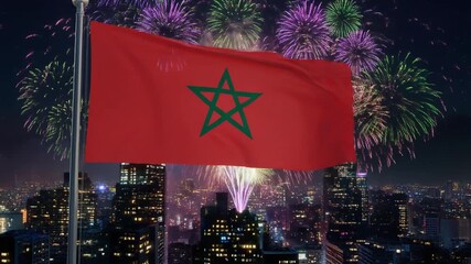 Morocco flag independence day with green star on red field waving at night above city skyline and fireworks, celebrating national pride and cultural heritage.