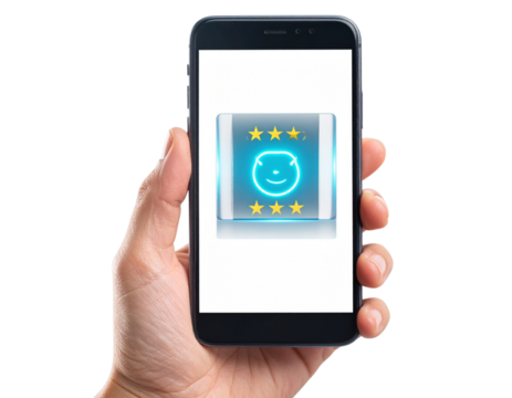 Customer Review on Mobile with Five-Star Holographic Rating