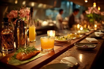 Cocktail and cuisine at restaurant bar

