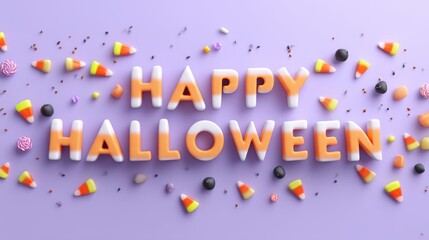 A colorful "Happy Halloween" text surrounded by various candies on a purple background, creating a festive and playful atmosphere, isolated