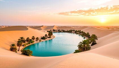 Serene desert oasis at sunrise