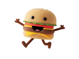  hamburger Cartoon character sticker with jumping legs and funny isolated on transparent White background png