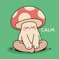 A peaceful and serene cartoon illustration of a meditating mushroom character with a calm and blissful expression, perfect for themes of relaxation.