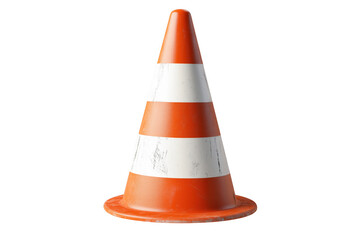 Orange and white safety cone against transparent background illustrating road construction or hazard