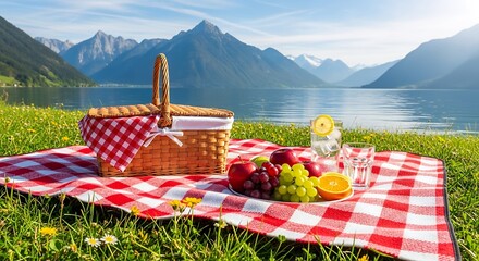A picturesque picnic scene unfolds beside a serene lake, nestled amidst majestic mountains under a bright, sunny sky. A checkered picnic blanket is spread on the grassy shore