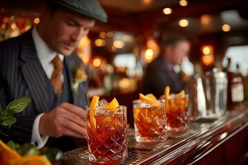 Bartender with three cocktails at bar

