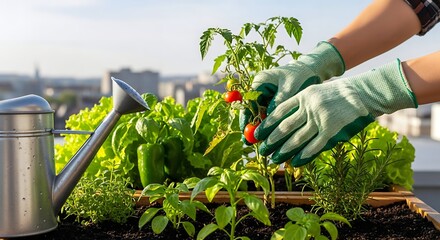 Close-up view of a person's hands wearing gardening gloves carefully harvesting ripe red tomatoes from a thriving rooftop garden