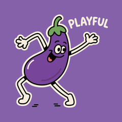 A fun and energetic cartoon illustration of a playful dancing eggplant character with an open mouth and joyful expression on a vibrant background.