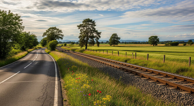 Country road and railway tracks going through green fields

This beautiful landscape image shows a winding country road and a parallel railway track