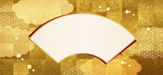 高級感のある和風背景。金箔風の背景に雲、麻の葉模様と扇のコピースペース