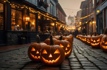 Fototapeta premium Cozy Halloween Market Street with Hand-Carved Pumpkin, Golden Hour Lighting, Family-Friendly Costumes, Atmospheric Fog – Editorial Stock Photo
