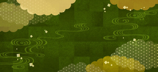 高級感のある和風背景。雲取りと流水紋、麻の葉模様の背景素材、コピースペース、和のテンプレート