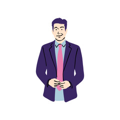 Confident businessman in a suit, standing attentively with hands clasped, a poised professional ready for success in the corporate world