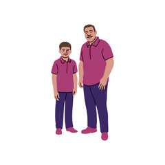 Stylized dad and son wearing matching outfits, casual style, family portrait in matching shirts and pants, fatherhood and sonship, modern family