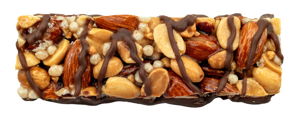 Bar with peanuts, hazelnuts, caramel and chocolate on a white background. View from above. Nut bar isolate. Sugar